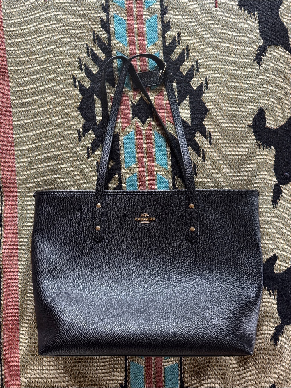 Designer Inspired Black Leather Tote with Gold Logo Accents